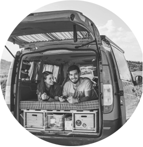 Content Creators Sabrina and Igor Bukovsky in their Camper Van