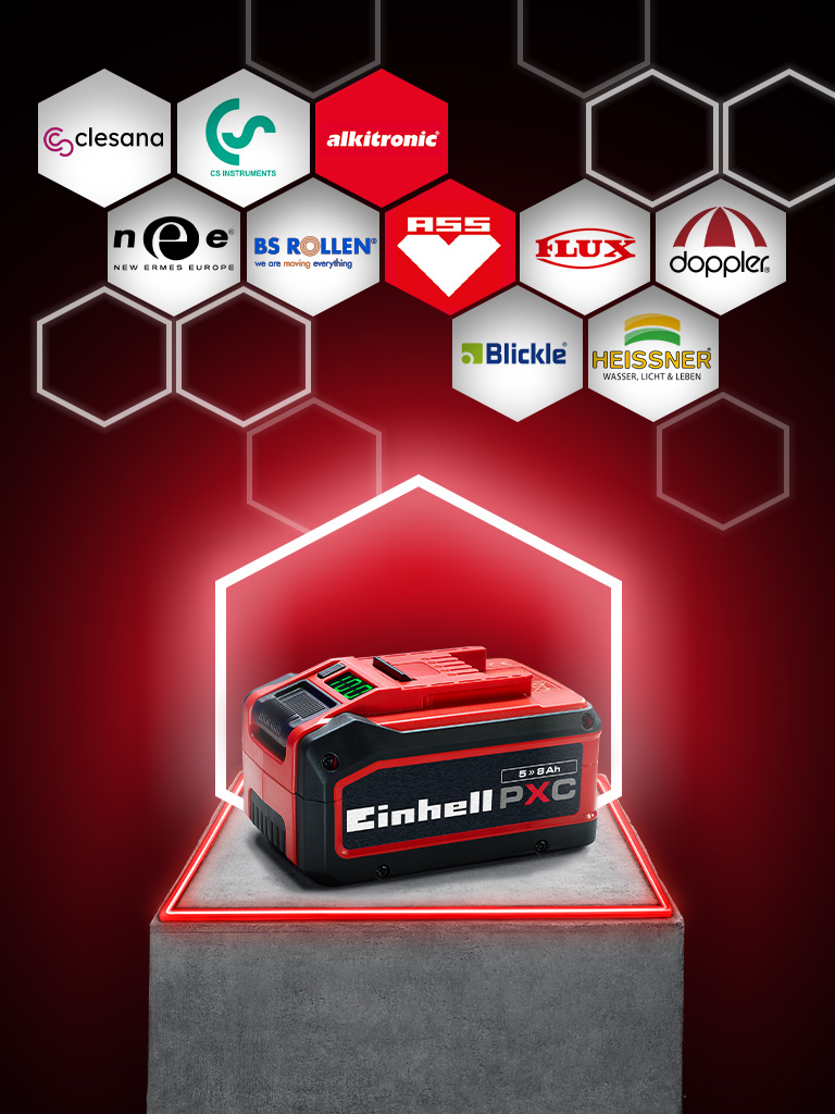 Einhell Power X-Change Akku unter einem Netzwerk aus Logos verschiedener Partnermarken.