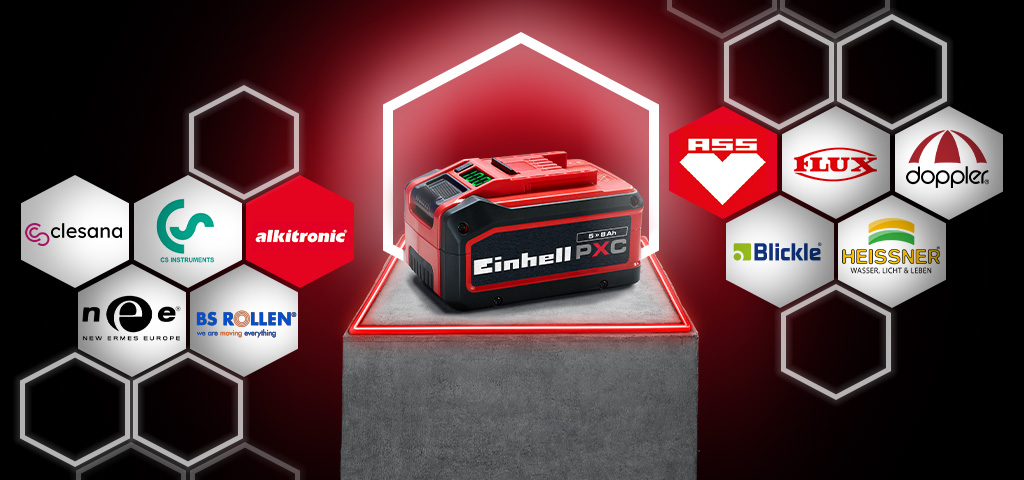 Einhell Power X-Change Akku in der Mitte, umgeben von einem Netzwerk aus Logos verschiedener Partnermarken.
