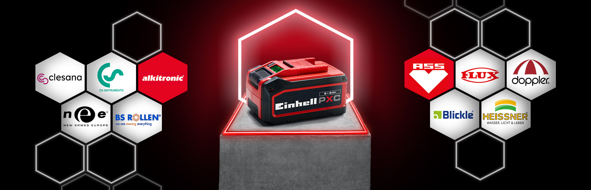 Einhell Power X-Change Akku in der Mitte, umgeben von einem Netzwerk aus Logos verschiedener Partnermarken.