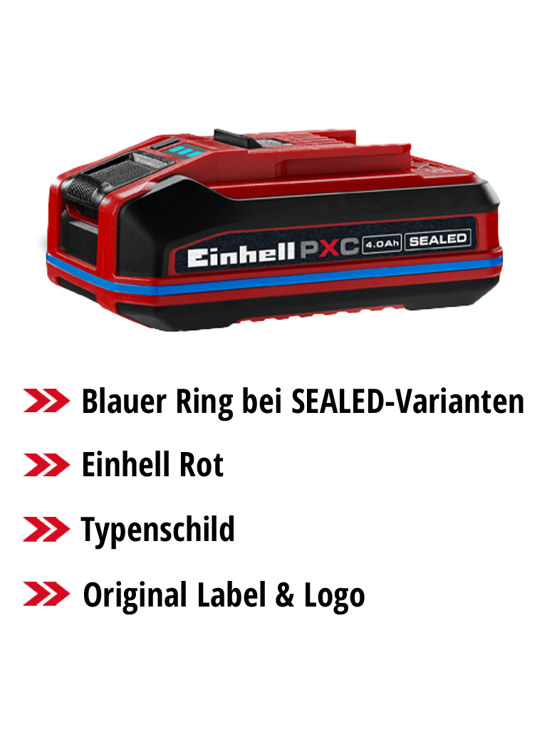 Einhell Power X-Change Akku SEALEAD mit blauer Ringmarkierung, Typenschild und Original-Label in einer Übersichtsgrafik.