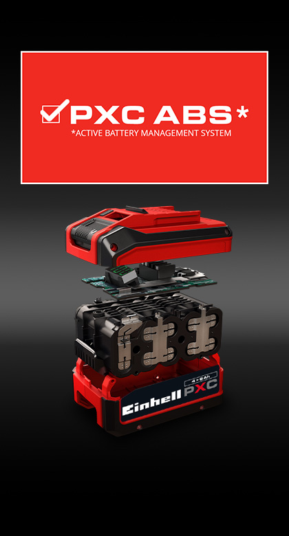 Exploded view of an Einhell Power X-Change battery showing electronics and cells, above it reads “PXC ABS – Active Battery Management System”.