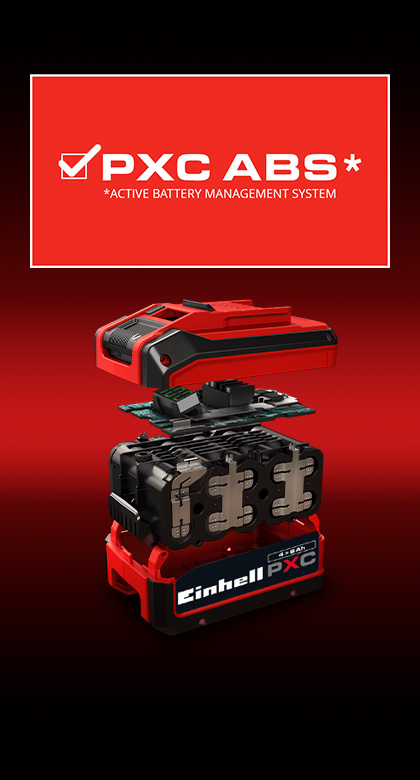 Exploded view of an Einhell Power X-Change battery showing electronics and cells, above it reads “PXC ABS – Active Battery Management System”.