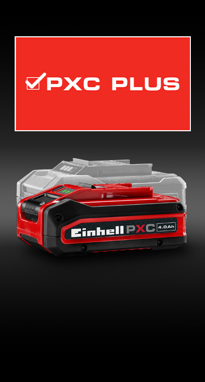 Einhell Power X-Change battery with 4.0 Ah capacity on red background, a greyed-out battery in the background. Above it reads “PXC PLUS”.
