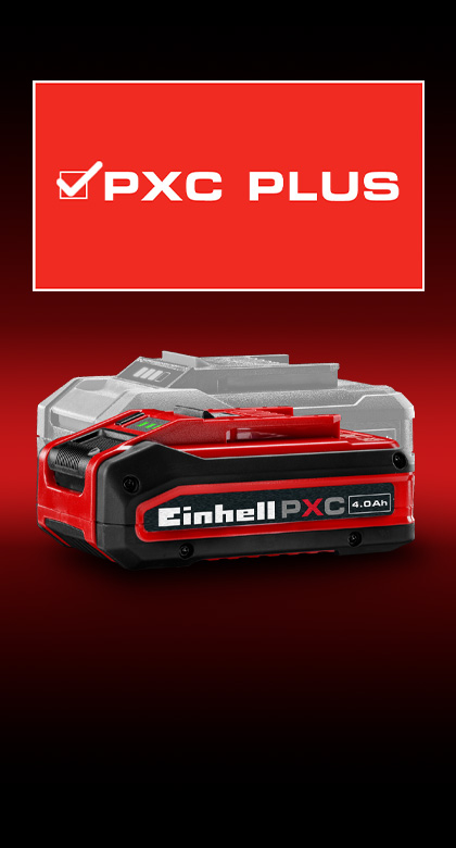 Einhell Power X-Change battery with 4.0 Ah capacity on red background, a greyed-out battery in the background. Above it reads “PXC PLUS”.
