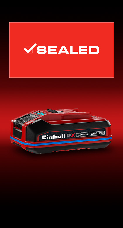 Einhell Power X-Change battery with 4.0 Ah and “SEALED” label on red background, showing a blue seal on the casing.