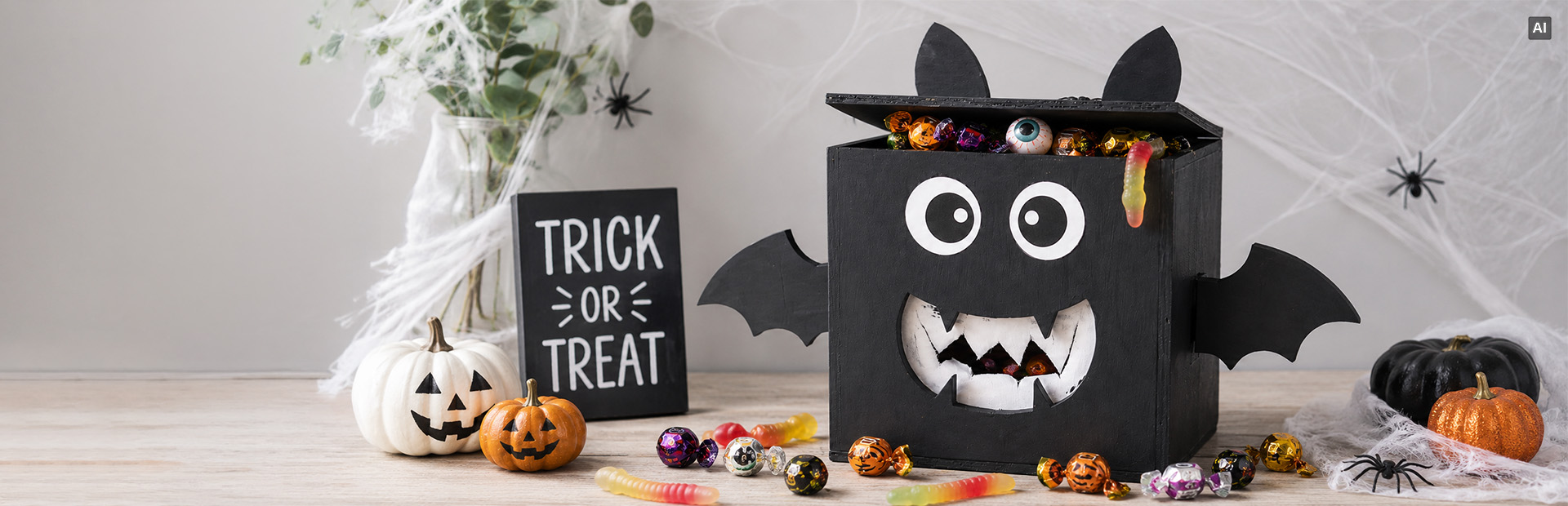 Halloween-inspirierte schwarze Fledermausbox, gefüllt mit Süßigkeiten und umgeben von Bonbons, Kürbissen, Spinnennetzen und einem „Trick or Treat“-Schild.