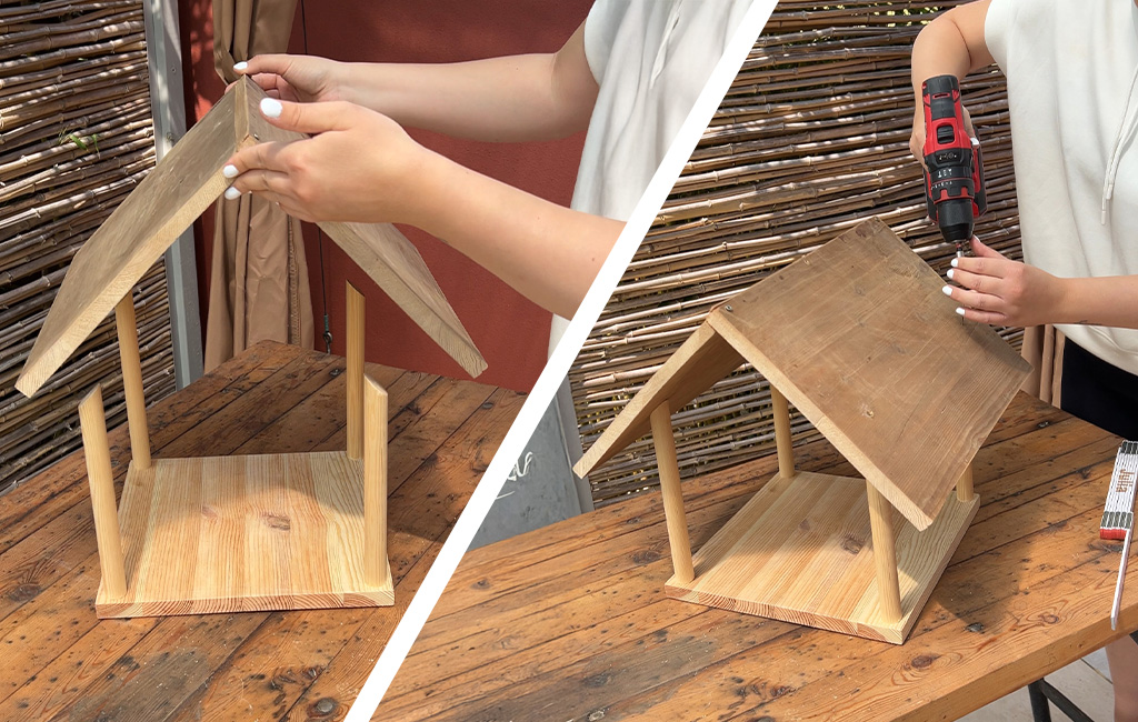 Left: a person positions the roof; right: it is fixed with an Einhell drill.