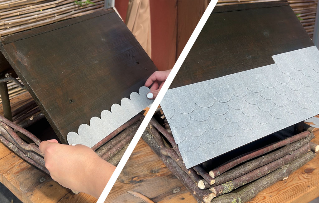 Left: roofing felt is applied; right: the grey textured roof is halfway covered.