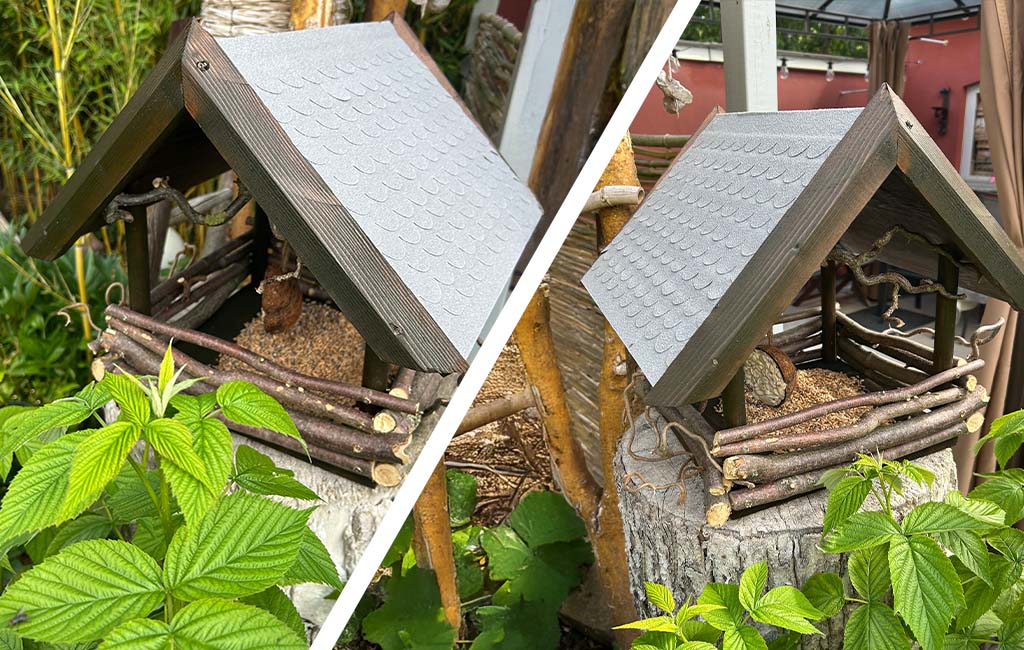 Two views of a handmade bird feeder made of branches, wood, and a grey roof, placed on a tree stump.