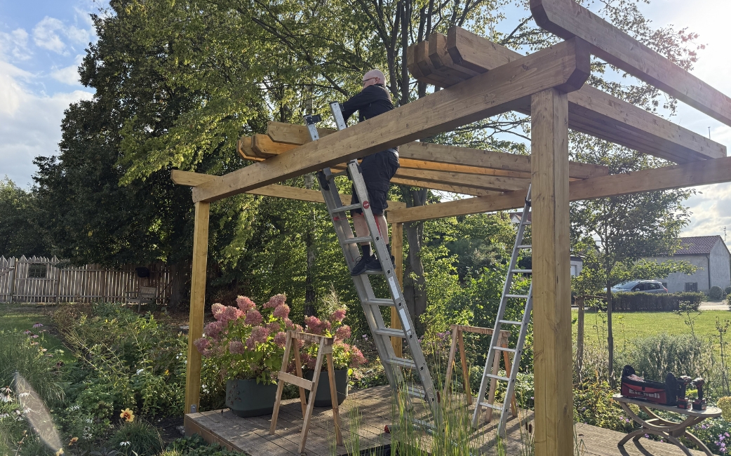 Eine Person auf einer Leiter montiert Holzbalken an einer Pergola im Garten.