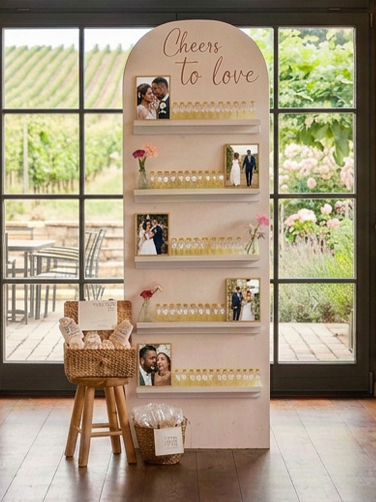 Elegante, rosafarbene DIY-Sektwand mit fünf Ablagen für gefüllte Gläser, Hochzeitsfotos und einzelne Blumen; darüber steht „Cheers to love“.
