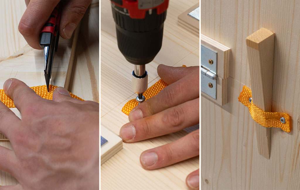 Dreiteilige Bildfolge: Ein orangefarbenes Gurtband wird zugeschnitten, an einer Holzplatte festgeschraubt und als Halteschlaufe für die klappbare Seitenstütze befestigt.