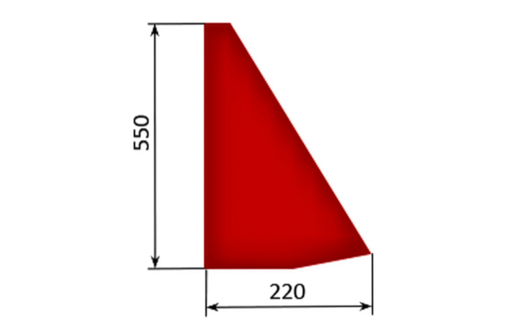 Rotes Seitenteil eines Holzständers mit den Maßen 550 mm hoch und 220 mm tief auf weißem Hintergrund.