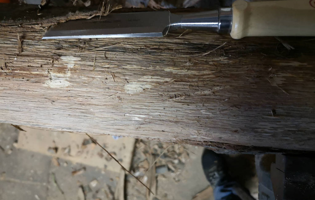 Sawing a wooden plank as part of a DIY Christmas decoration project