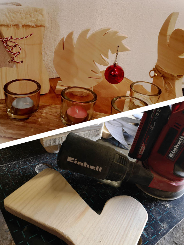 Materials and tools for handmade Christmas decorations with wooden pieces, glass tealight holders, and a hot glue gun on a work surface
