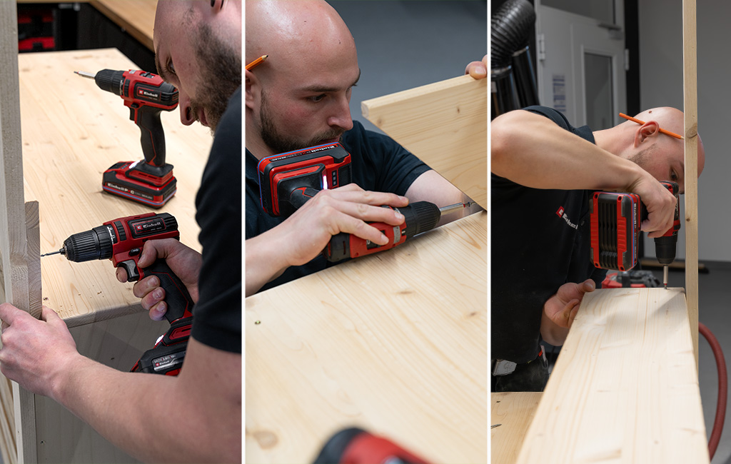 Eine dreiteilige Bildcollage zeigt die Arbeitsschritte zum Vorbohren und Verschrauben der vertikalen Holzpfosten und der oberen Regalelemente an der DIY-Bar mit einem Einhell Akku-Bohrschrauber.