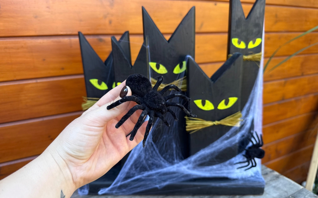 Eine Hand hält eine schwarze Plastikspinne vor fünf katzenförmigen Holzdekorationen, die mit Spinnweben bedeckt sind.