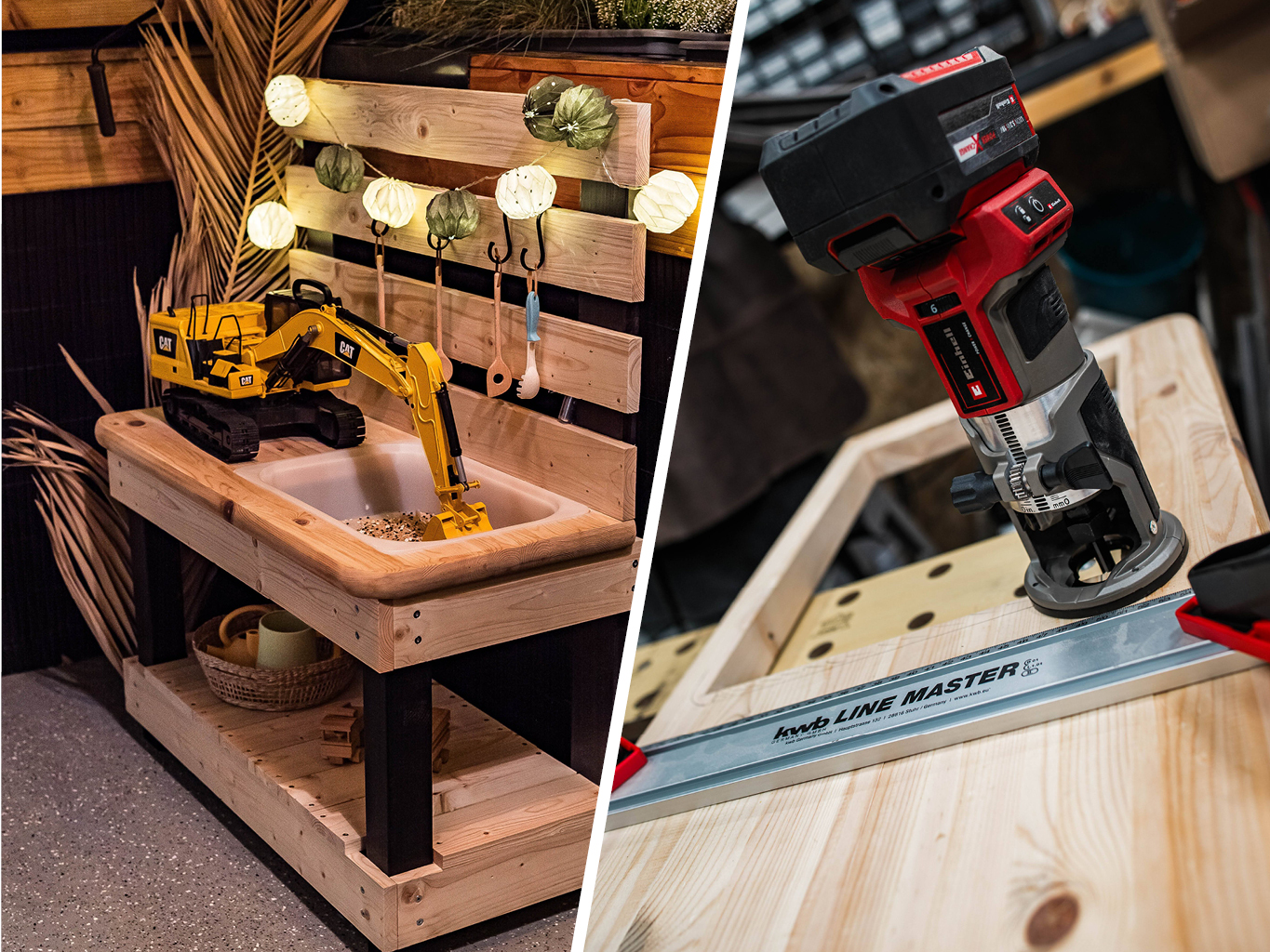 Split image with a wooden mud kitchen on the left and an Einhell cordless edge router in use on the right.