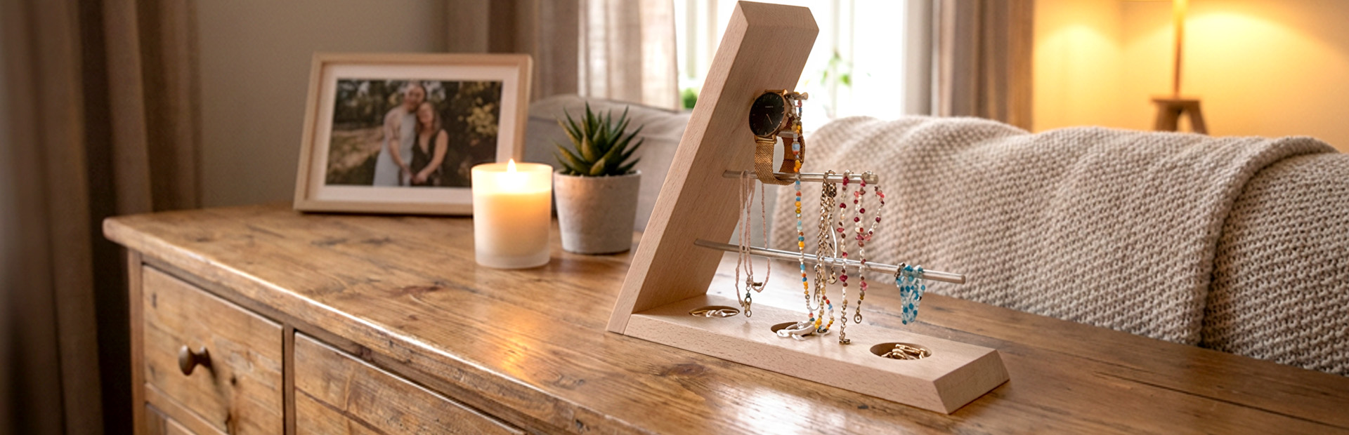 The finished jewellery stand is placed on a wooden table in the living room, holding watches, necklaces and rings.