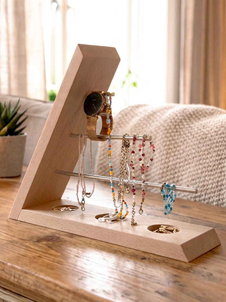 The finished jewellery stand is placed on a wooden table in the living room, holding watches, necklaces and rings.