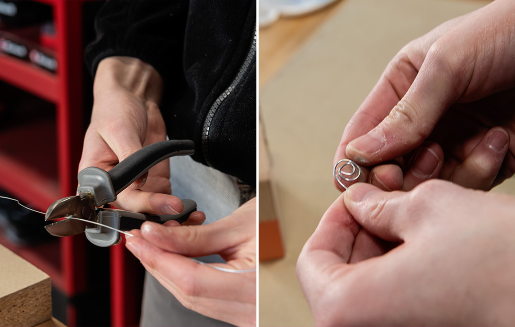 Two-part image: wire is cut with pliers and bent into a spiral shape.