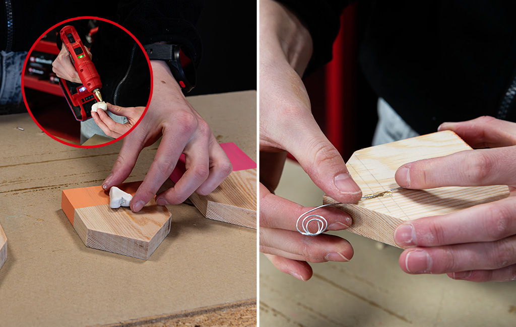 Two-part image: a heart is glued on with hot glue and a wire photo holder is inserted into the base.