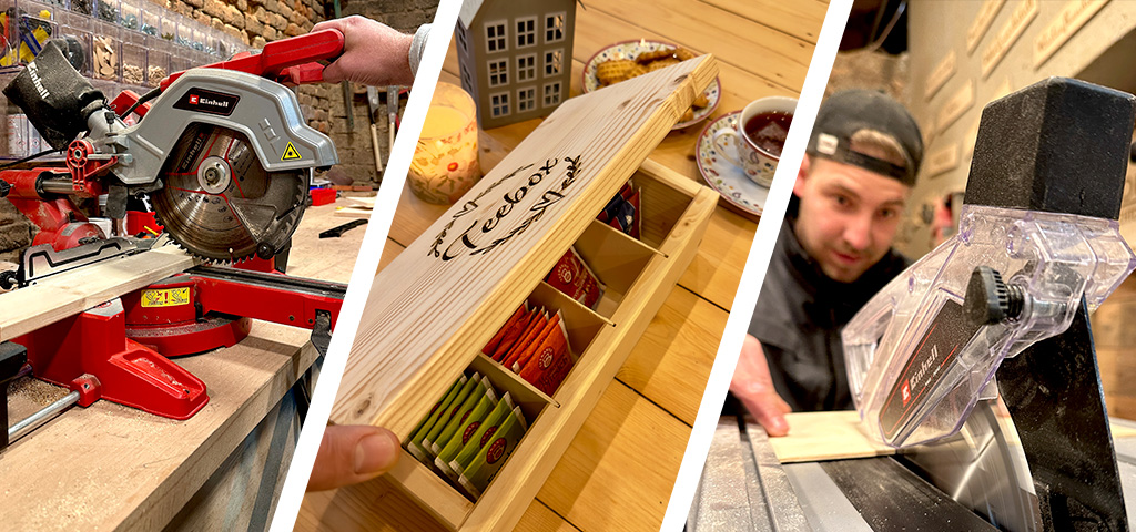 Collage showing a mitre saw cutting wood, a wooden tea box with engraved “tea box”, and sanding work with a stationary belt sander.