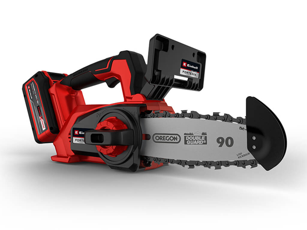 Closeup of the Einhell top-handled cordless chainsaw FORTEXXA 18/20 TH.