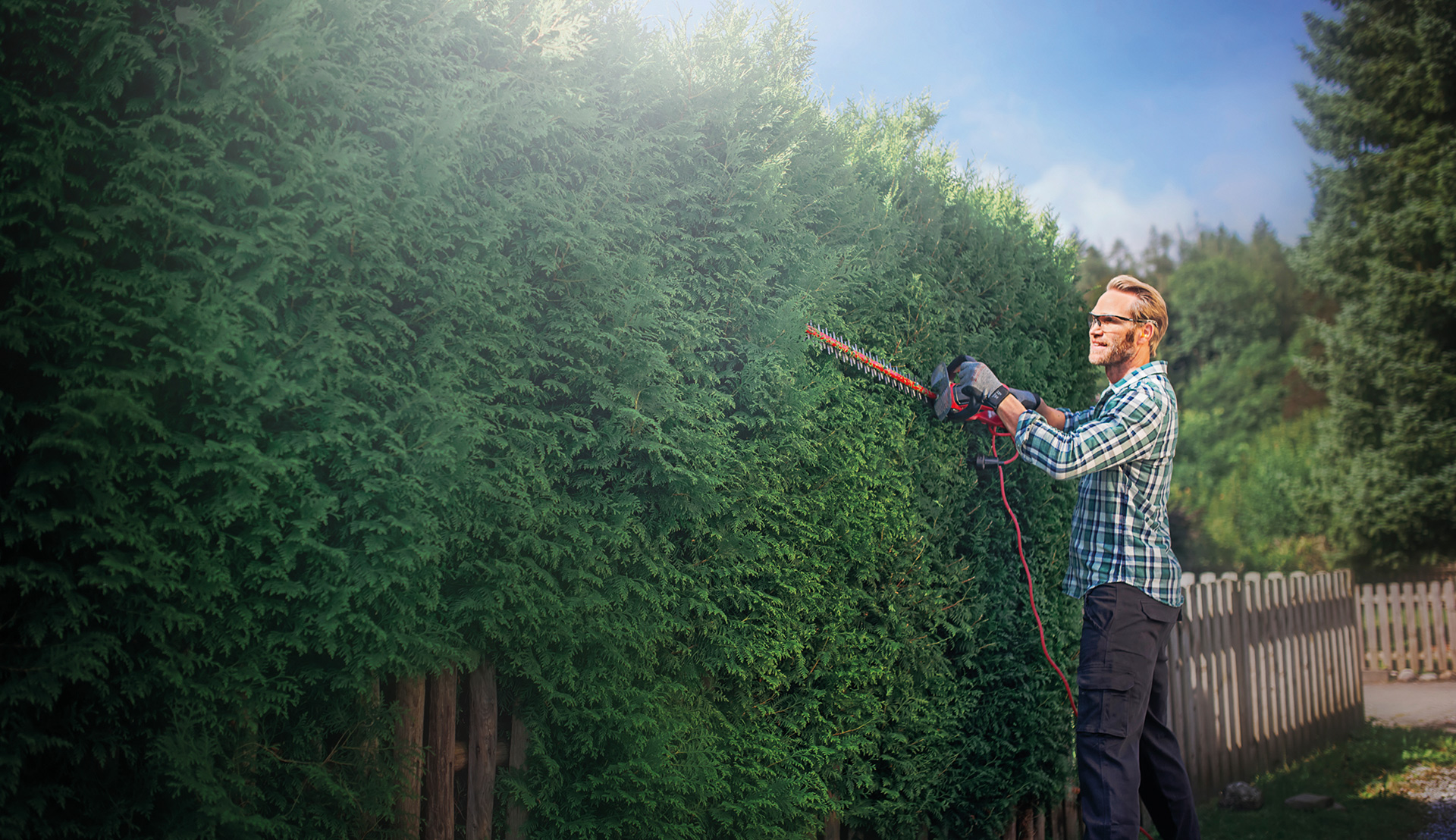 Man with electric hedge trimmer in the garden