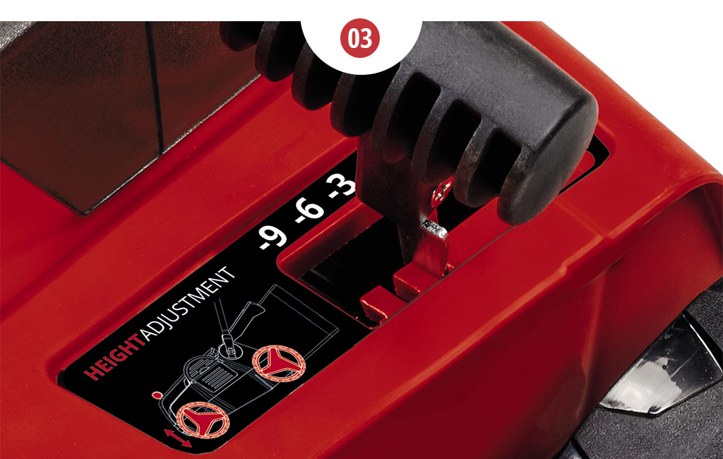Close-up of the lever for adjusting the working depth of an Einhell scarifier.