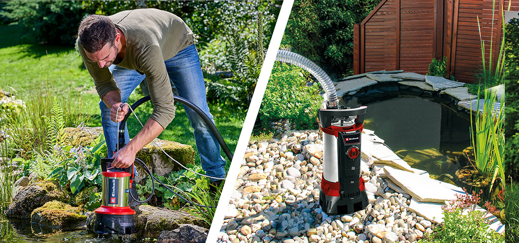 Auf dem linken Bild saugt ein Mann einen Gartenteich ab; auf dem rechten Bild ist eine Einhell-Schmutzwasserpumpe zu sehen.