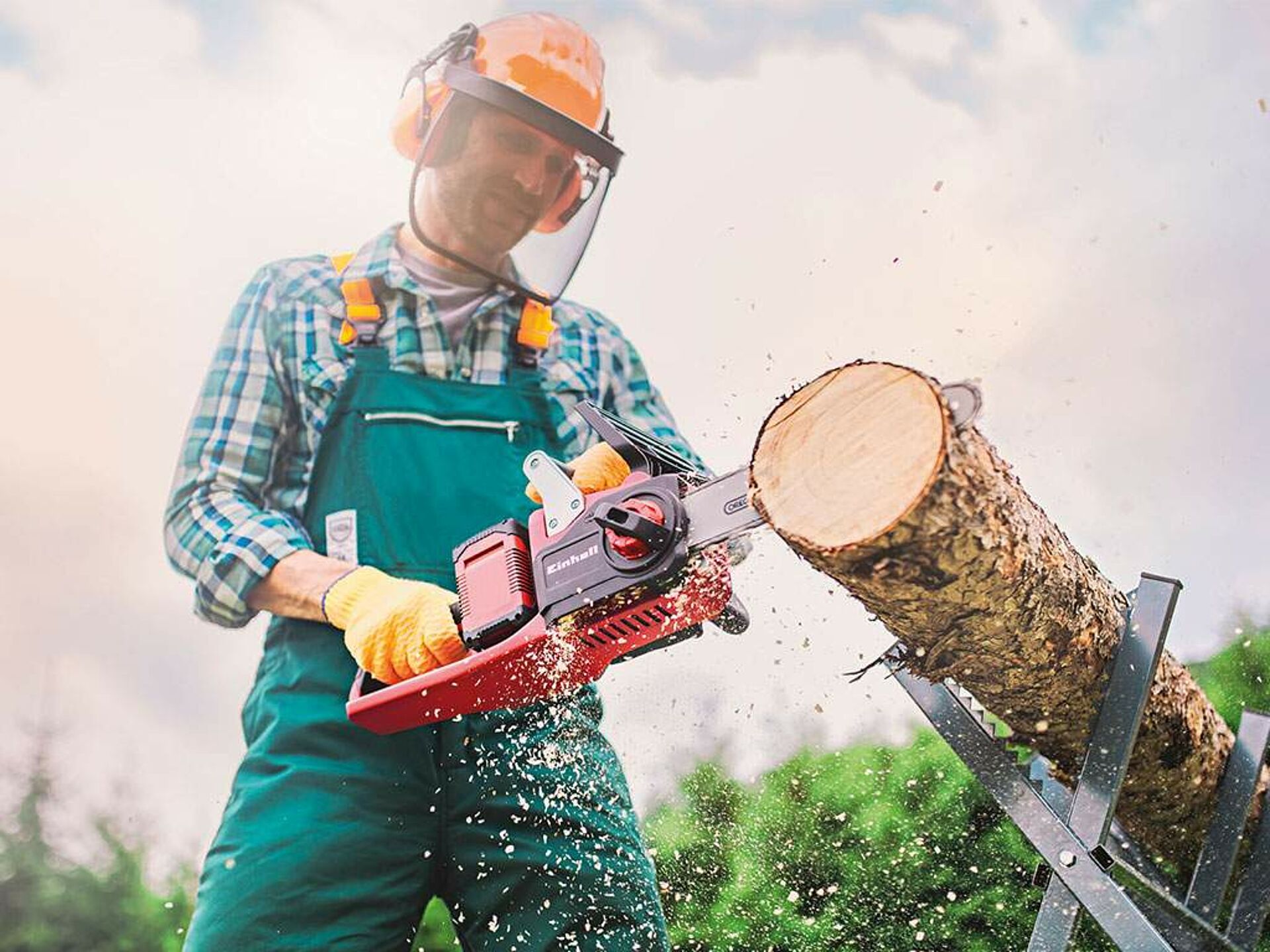 a man cuts a wood trunk