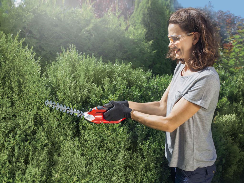 a woman cuts her shrub with shrub shears