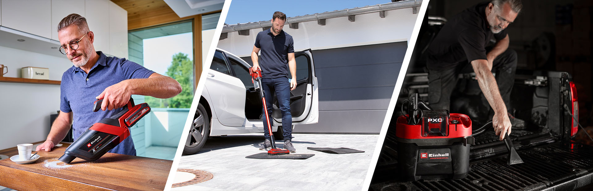 Drei Anwendungsszenen mit einem kabellosen Staubsauger: im Wohnzimmer, im Auto und in einer Werkstatt.