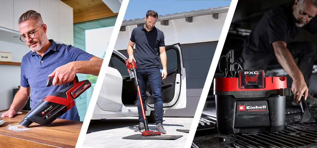 Drei Anwendungsszenen mit einem kabellosen Staubsauger: im Wohnzimmer, im Auto und in einer Werkstatt.