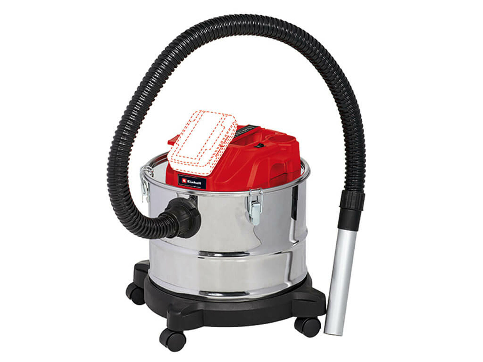 The Einhell ash vacuum cleaner with illustrated battery silhouette on white background.