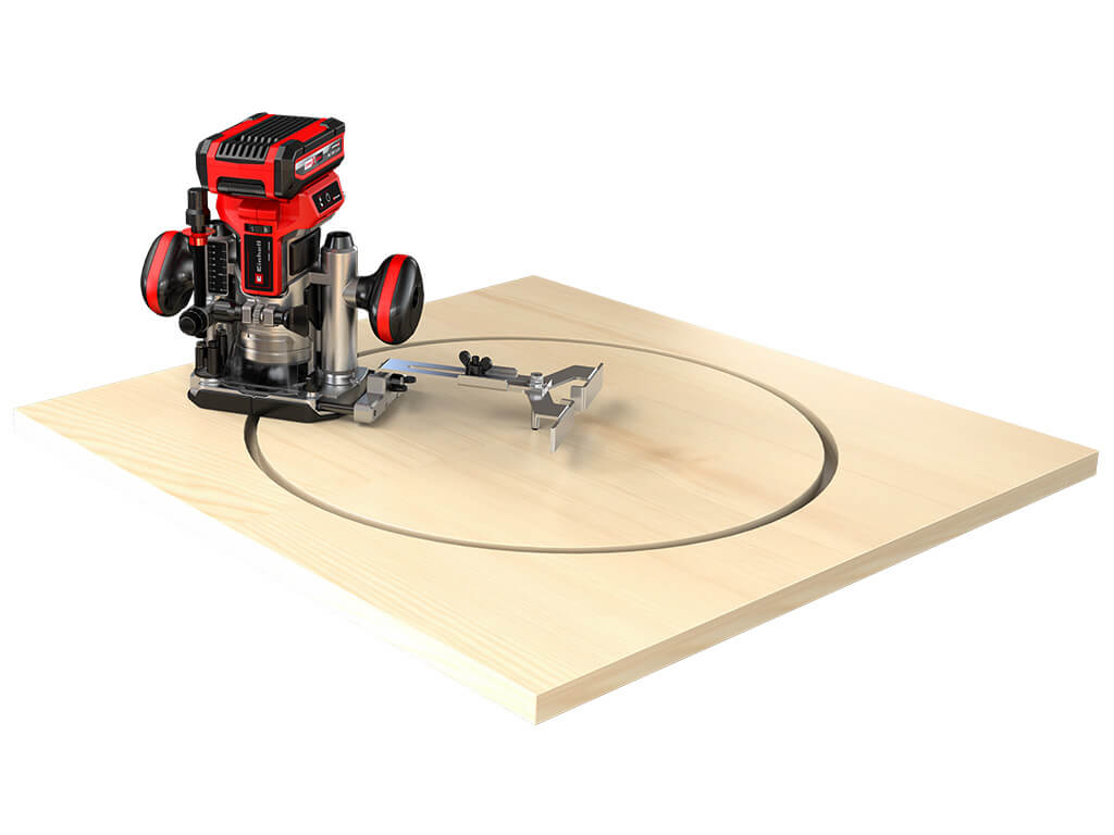 Illustration of the Einhell cordless router milling a circle in a wooden panel