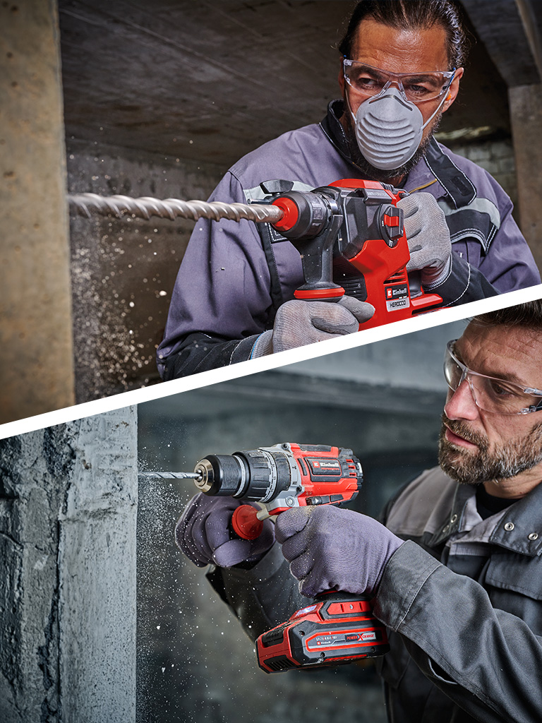 Zwei Bilder zeigen einen Bohrhammer und eine Schlagbohrmaschine beim Bohren in Beton.