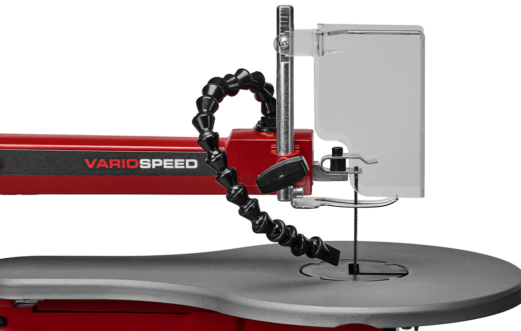 Detailed view of the flexible blower arm and safety cover of the Einhell scroll saw.
