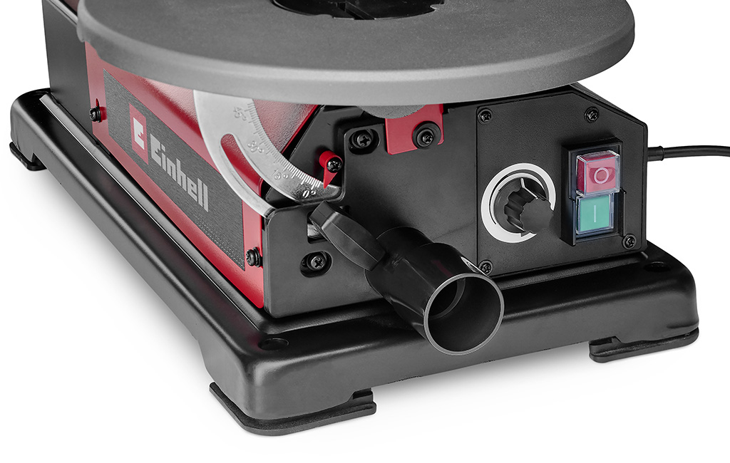 Close-up of the Einhell scroll saw base with on/off switch, rotary knob, and suction port.