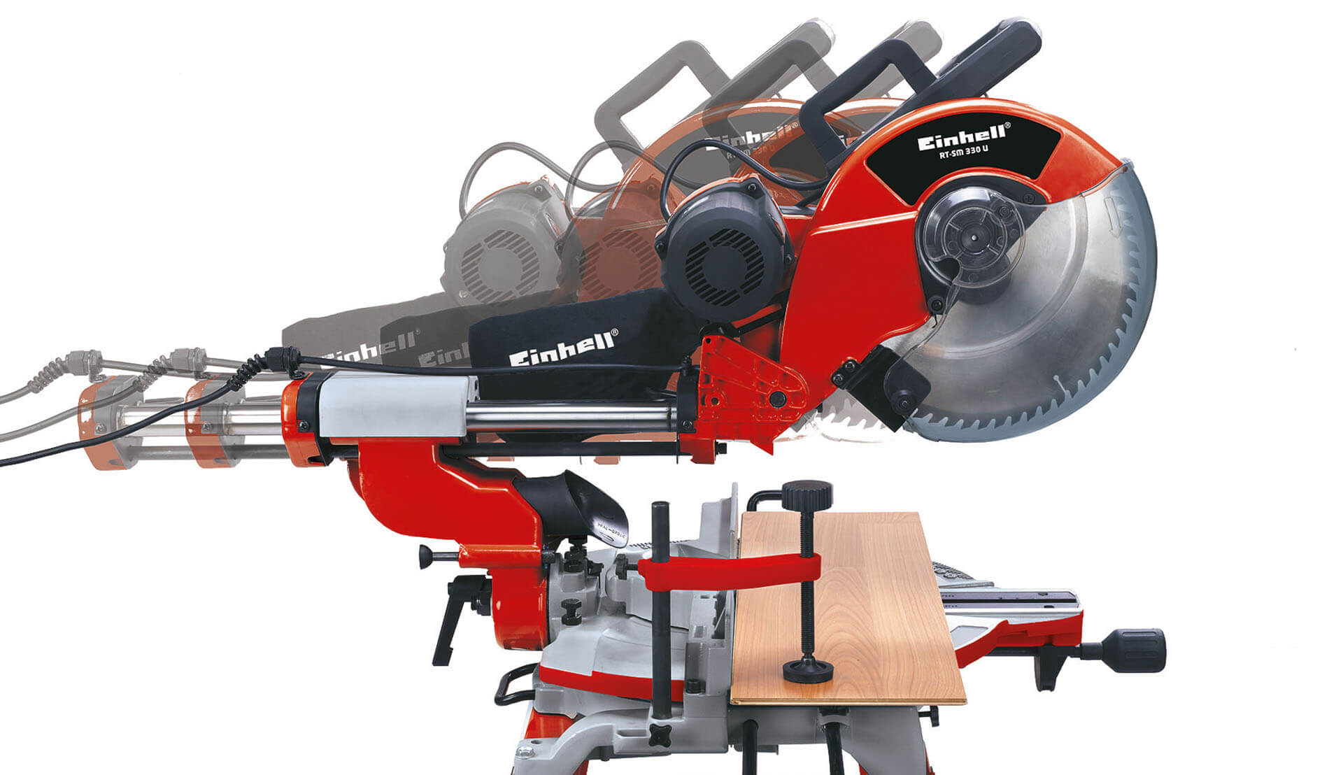 A graphic showing the sliding function of a sliding mitre saw.