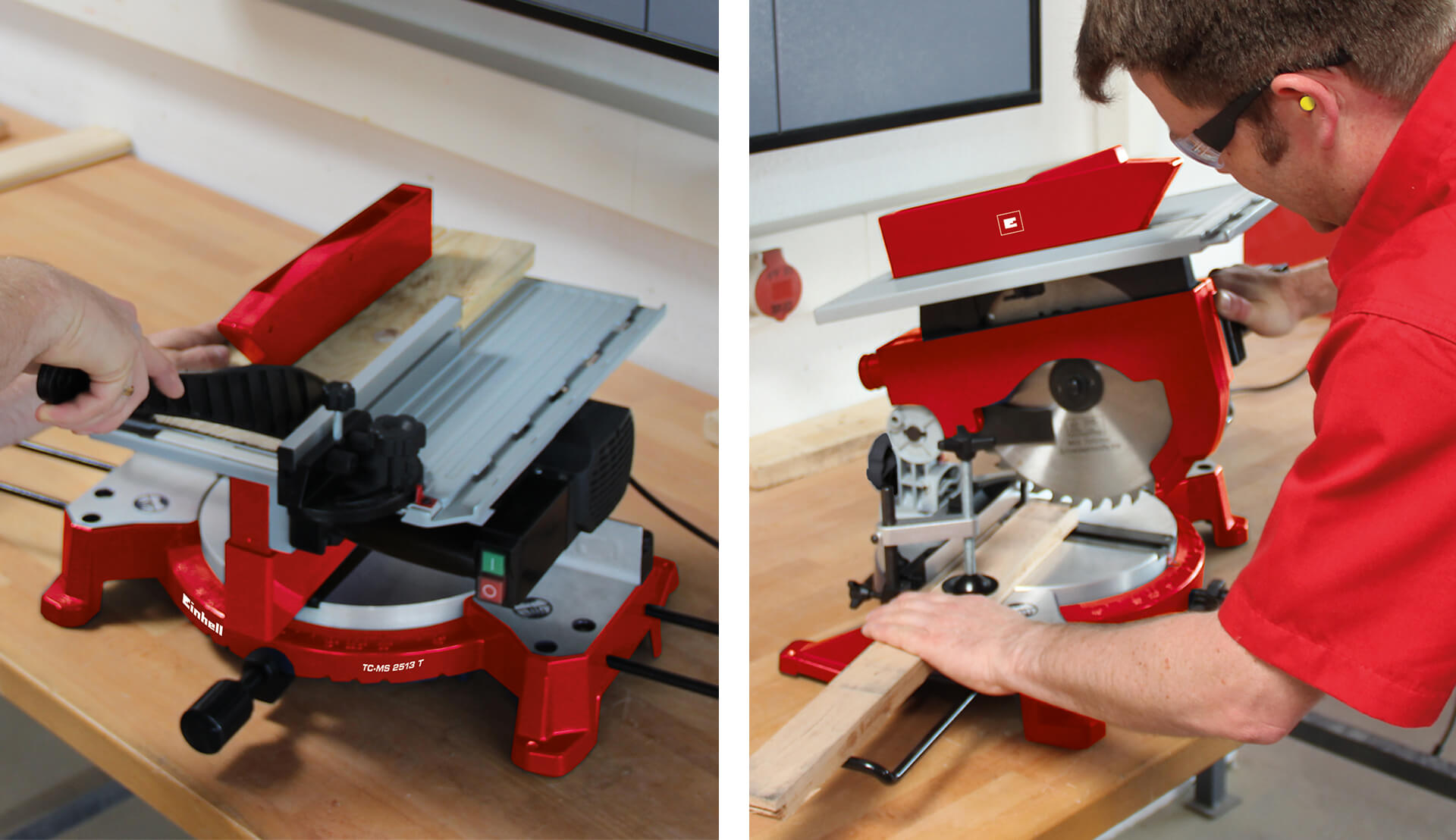 A man using a mitre saw with upper table to cut a wooden slat.