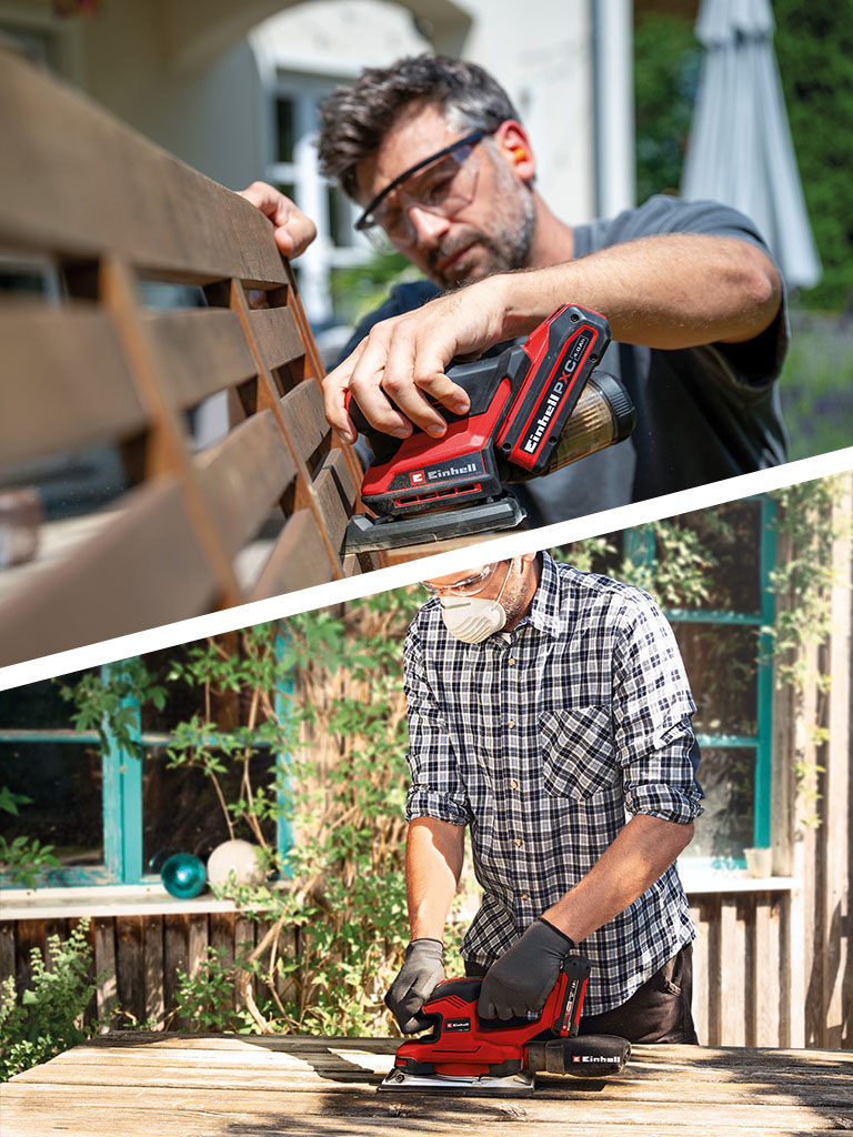Zwei Bilder zeigen Einhell Schleifer beim Schleifen von Holz im Außenbereich.