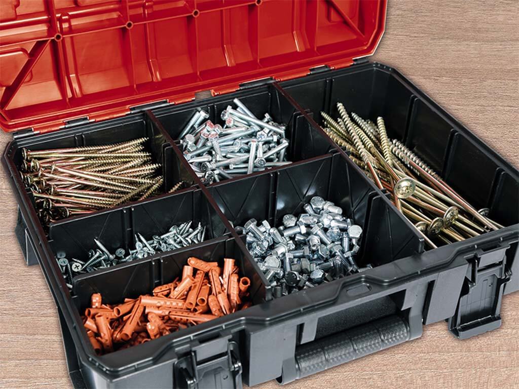 tool case with different compartments filled with screws