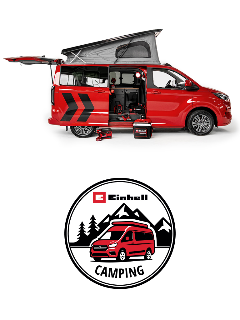 Ein roter Camping-Van mit aufgeklapptem Dach und geöffneten Türen steht auf weißem Hintergrund. Davor mehrere Einhell Akku-Geräte. Unter dem Bild ist das Einhell-Camping-Logo mit Van, Bergen und Tannen zu sehen.
