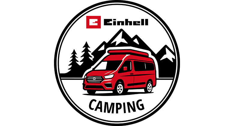 Rundes Einhell-Logo mit rotem Camping-Van vor Bergen und Tannen, darunter steht: „CAMPING“.