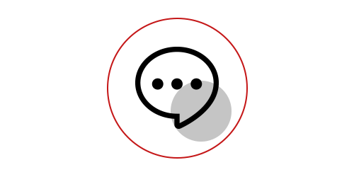 Symbol mit roter Sprechblase und drei schwarzen Punkten auf grauem Kreis.