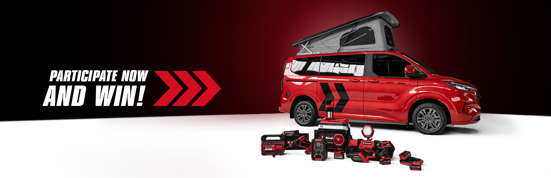 A red camper van with an open pop-up roof stands on a white surface, in front are Einhell cordless tools. On the left, white text reads: "PARTICIPATE NOW AND WIN!"