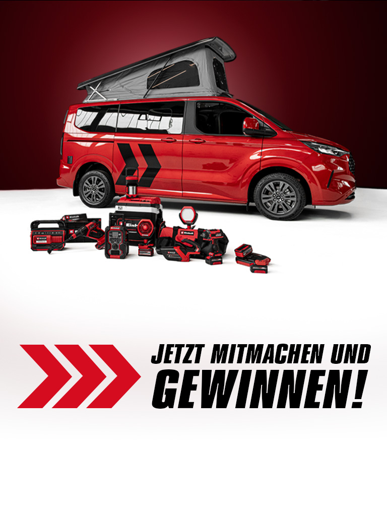 Ein roter Camping-Van mit aufgeklapptem Dach steht auf weißem Boden, davor Einhell-Akkugeräte. Unten im Bild steht: „JETZT MITMACHEN UND GEWINNEN!“ neben drei roten Pfeilen.